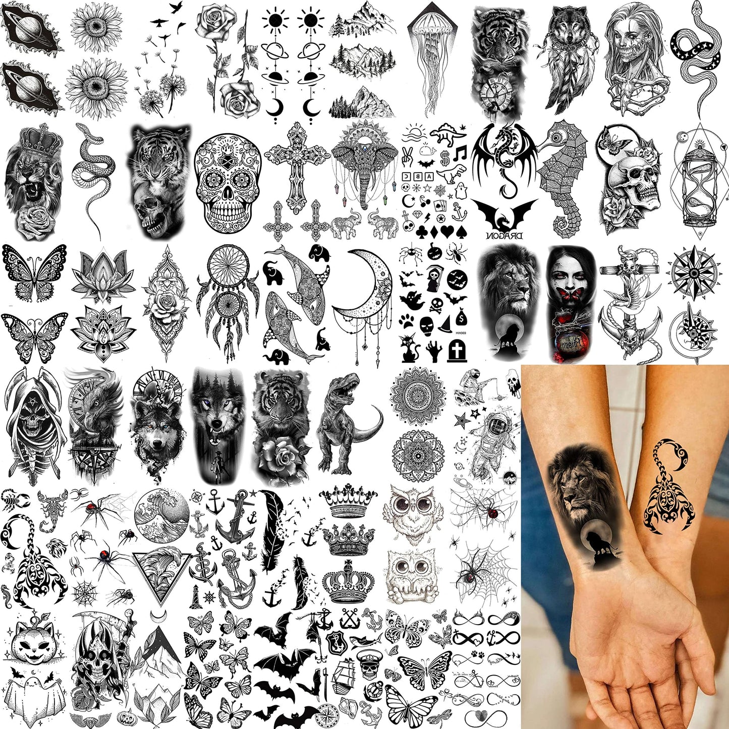 EGMBGM 69 Sheets Realistic Peony Rose Flower Temporary Tattoos For Women Girls Arm Thigh, Owl Tiger Floral Waterproof Long Lasting Temp Fake Tattoos For Women, Small Black Tattoo Stickers Kids Finger