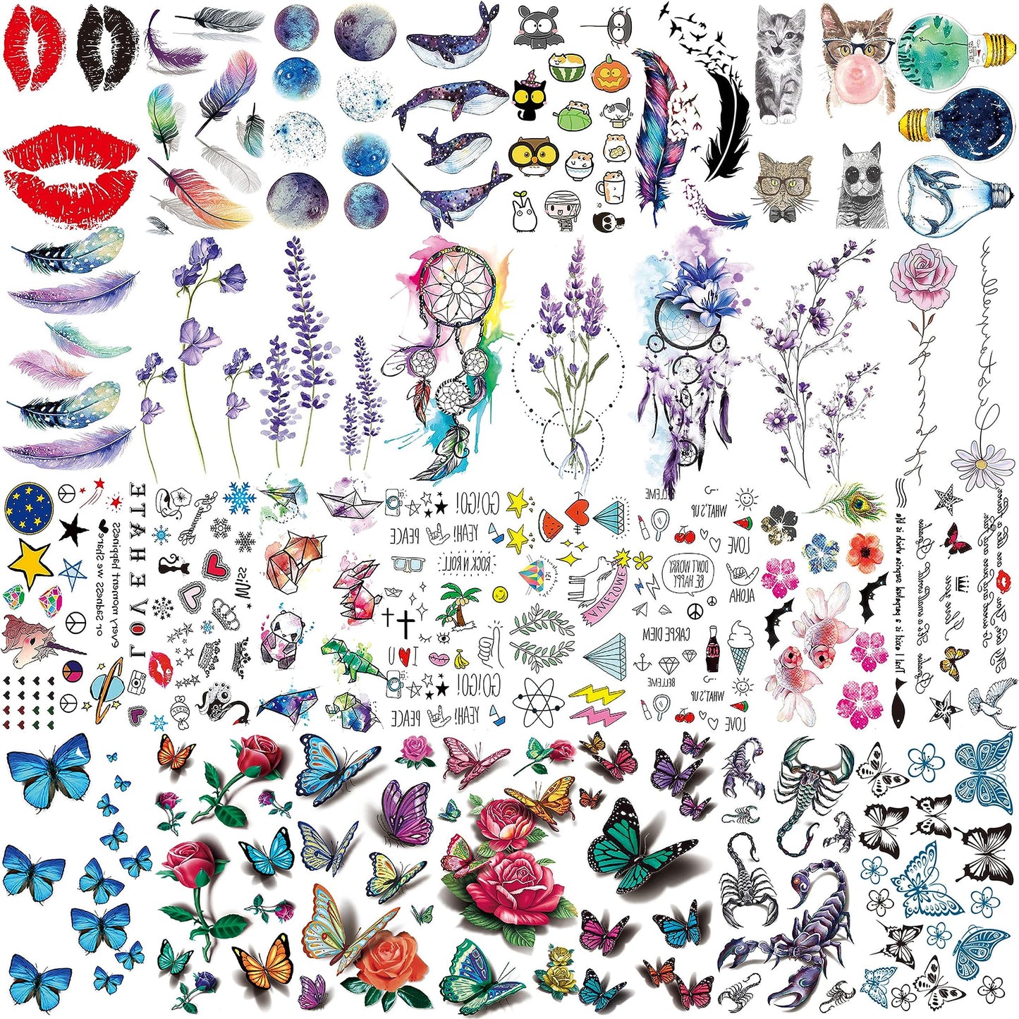 EGMBGM 66 Sheets 430+ PCS Cute Temporary Tattoos For Women Men Adults, Watercolor Butterfly Flower Lavender Fake Tattoo Stickers Kids Boys Girls, Black Star Animals Space Temp Tattoos Dragon Wolf Lion