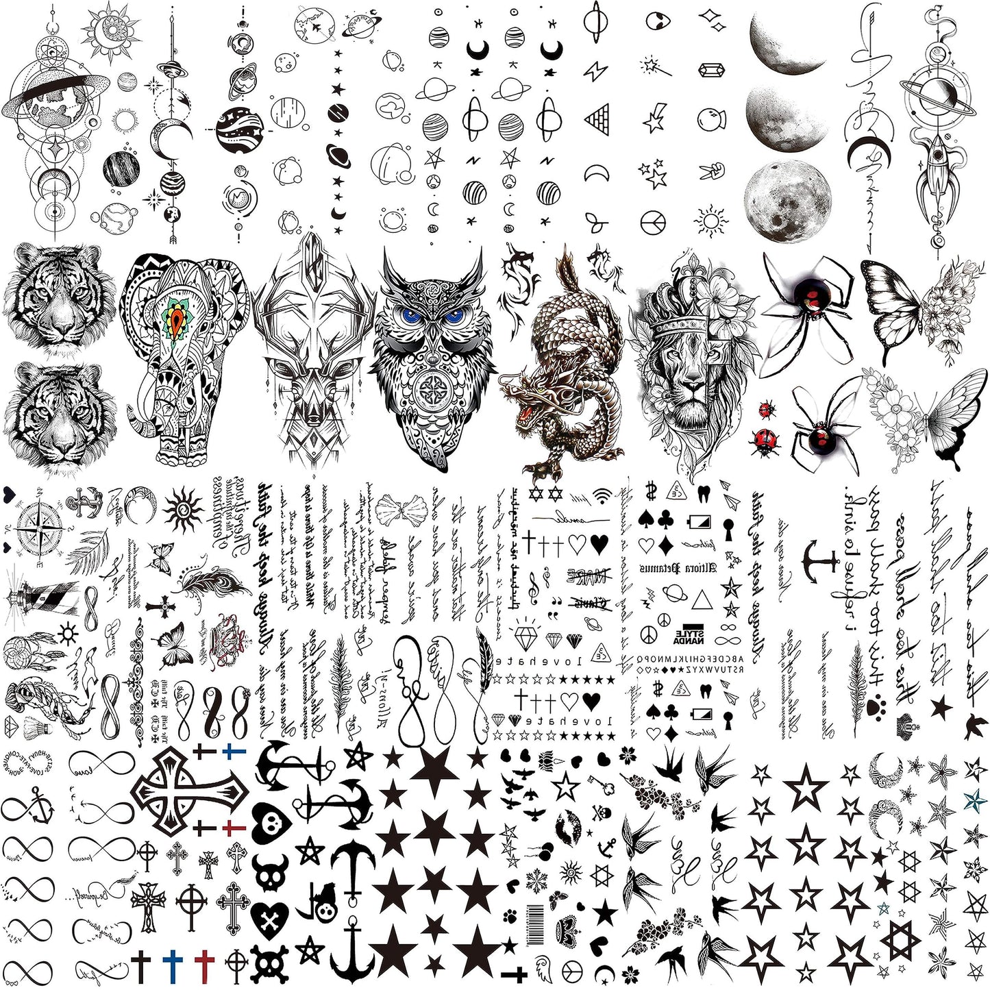 EGMBGM 66 Sheets 430+ PCS Cute Temporary Tattoos For Women Men Adults, Watercolor Butterfly Flower Lavender Fake Tattoo Stickers Kids Boys Girls, Black Star Animals Space Temp Tattoos Dragon Wolf Lion