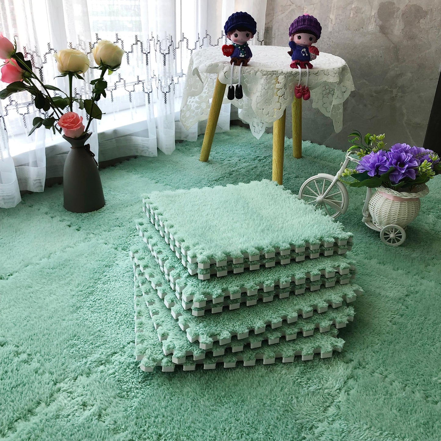 easycustomerlee 12pcs Interlocking Carpet Shaggy Soft EVA Foam Mats Fluffy Rugs Protective Floor Tiles Play Mats for Children Kids Room Home Parlor Bedroom(Mintgreen)