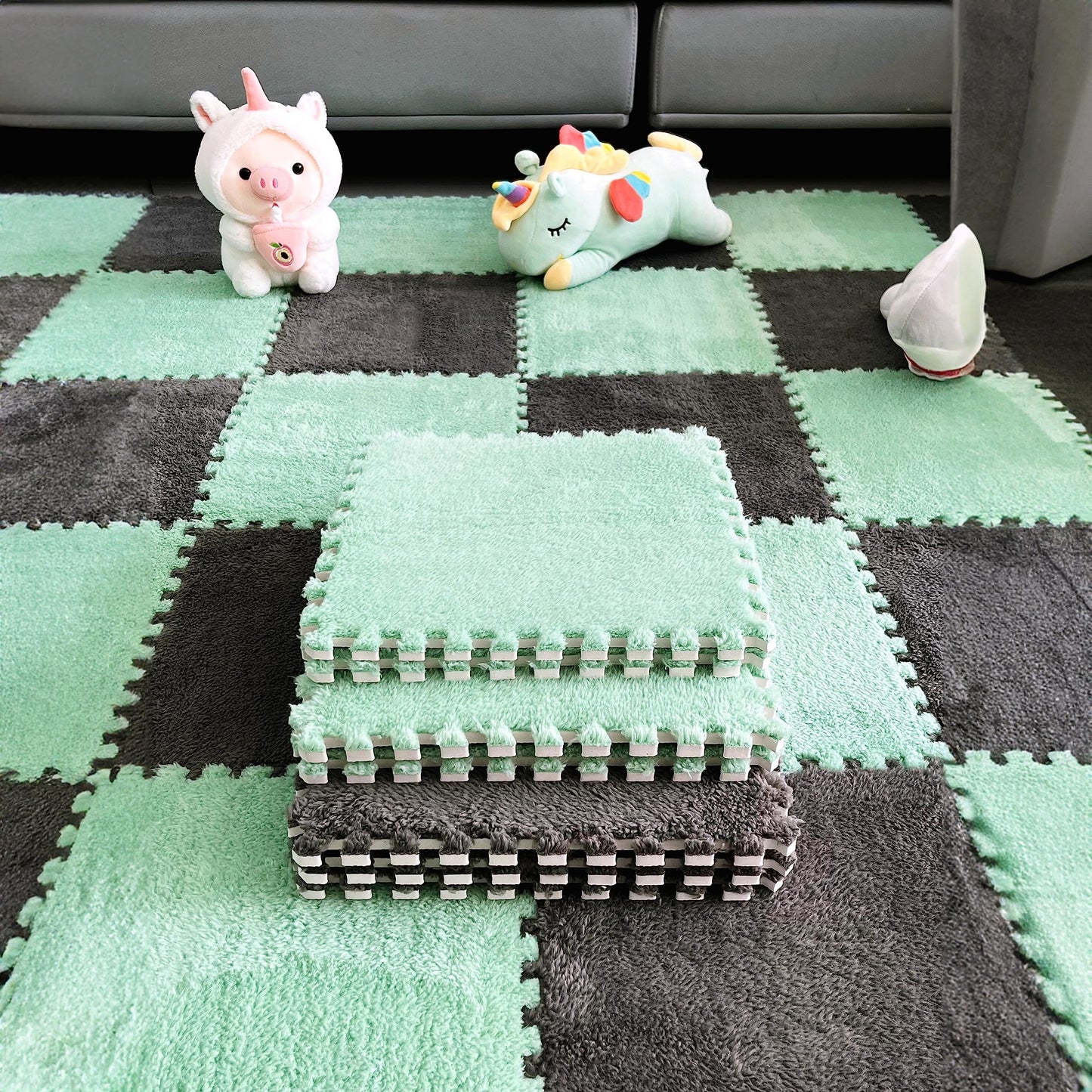 easycustomerlee 12pcs Interlocking Carpet Shaggy Soft EVA Foam Mats Fluffy Rugs Protective Floor Tiles Play Mats for Children Kids Room Home Parlor Bedroom(Mintgreen)