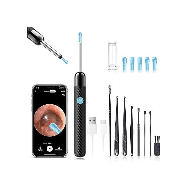 Ear Wax Removal - Earwax Remover Tool with 8 Pcs Ear Set - Ear Canal Cleaner with 1080P Camera - FSA HSA Eligible - Ear Cleaning Kit with 6 Ear Spoon - Ear Camera for iOS & Android (Black)