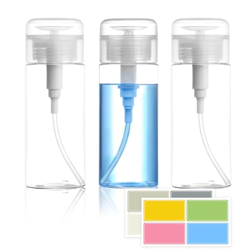 3 Pack Push Down Pump Dispenser,Clear Push Top Empty Bottles with DIY Stickers for Alcohol,Nail Polish,Makeup Remover,Toner (150ml)