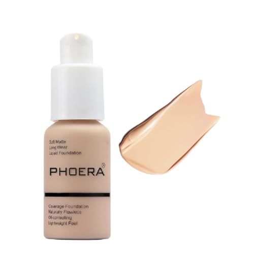 2 Pack PHOERA Foundation 101- Porcelain and102- Nude, Flawless Soft Matte Liquid Foundation 24 HR Oil Control Concealer Foundation Makeup
