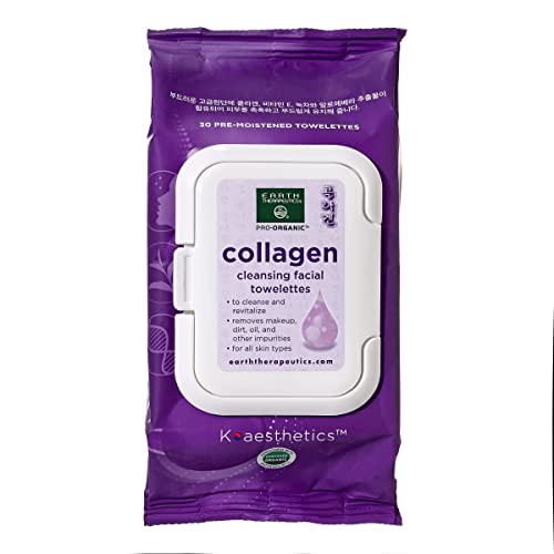 Earth Therapeutics Makeup Remover Wipes - Collagen Increases Skin Elasticity – Daily Cleansing Facial Towelettes – Remove Makeup & Waterproof Mascara – Certified Organic Botanicals – 30 wipes