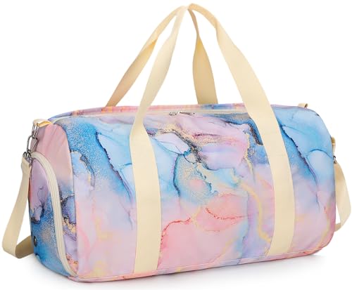 Duffle Bag for Gym Sports Women Girls Workout Travel Bag Weekender with Shoe Compartment and Wet Pocket (Marble 31 -Pink Blue)