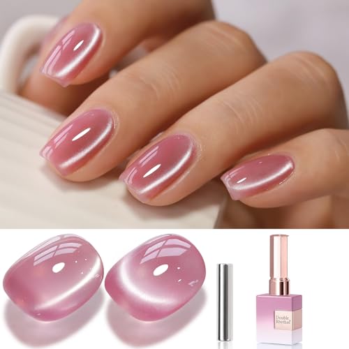 Double Rhythm 15ML Glass Cat Eye Gel Polish with Magnet Same Color Same Bottle Holographic Glitter Shimmer Salon Soak Off Magnetic Nail at Home (Lilac Pink-MC1168)