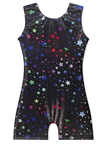 EQSJIU Gymnastics Leotards With Shorts For Little Girls Size 6-7 Years Old Colorful Fancy Stars Starry Night Sky Black Pink Blue Purple Sparkle