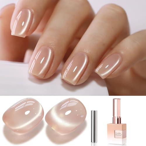 Double Rhythm 15ML Glass Cat Eye Gel Polish with Magnet Same Color Same Bottle Holographic Glitter Shimmer Salon Soak Off Magnetic Nail at Home (Nude-MC1167)