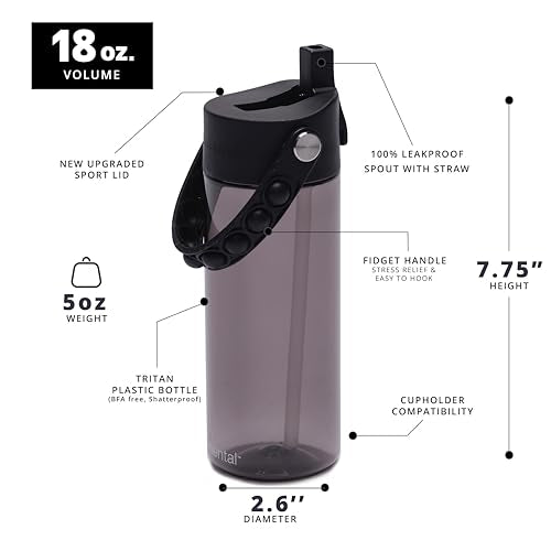 Elemental Leak Proof Water Bottles for Kids - Splash Kids Water Bottle for School with Fun Fidget Pop-it Handle - BPA Free Tritan Plastic Reusable Water Bottle with Straw - Black - 18oz