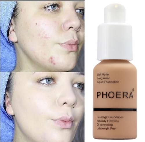 2 Pack PHOERA Foundation 101- Porcelain and102- Nude, Flawless Soft Matte Liquid Foundation 24 HR Oil Control Concealer Foundation Makeup