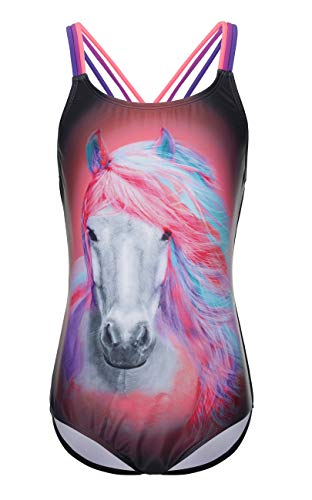 DUSISHIDAN Girls Cross Back Splice 1 Piece Swimsuit,Colorful Horse, Size 7 8