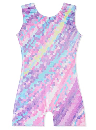 EQSJIU Girls Gymnastics Leotards With Shorts Size 6-7 Years Old Purple Pinkish Violet Pink Blue Multicolored Colorful Biketard Shiny Outfits