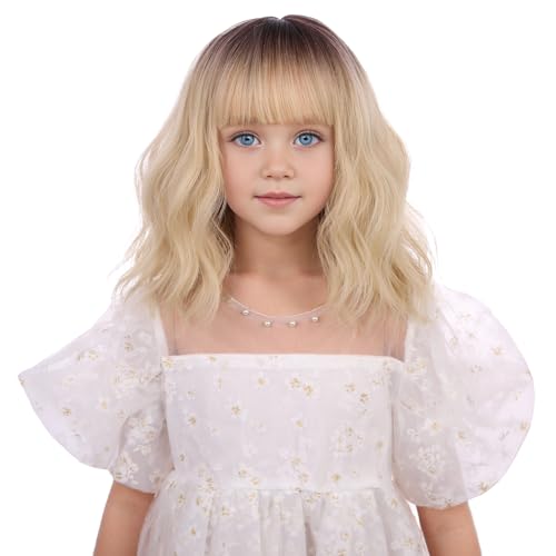 Edivd Black Ombre Blonde Wig for Child Short Blonde with Dark Roots Wig with Air Bangs for Girls Short Blonde Wavy Curly Wig for Kids Heat Resistant Synthetic Wig with Wig Cap