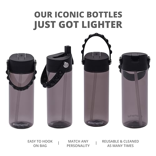 Elemental Leak Proof Water Bottles for Kids - Splash Kids Water Bottle for School with Fun Fidget Pop-it Handle - BPA Free Tritan Plastic Reusable Water Bottle with Straw - Black - 18oz