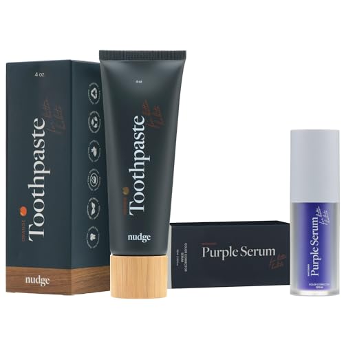 Nudge Color Corrector Purple Teeth Whitening Serum (30 ml) & Nano-Hydroxyapatite Fluoride-Free Toothpaste (4 oz, Orange) – All Natural, Minimizes Irritation, Remineralizes & Whitens