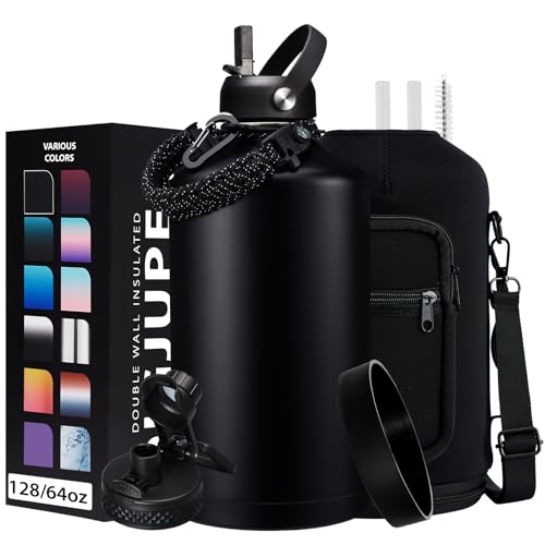 128OZ Insulated Water-Bottles with Strap - 1 Gallon Large Water Jug with Straw & Spout Lid, Stainless Steel Water Bottle Leak Proof, Cold-48h Hot-24h Metal Water Flask w/ Paracord Handle, Carrier Bag
