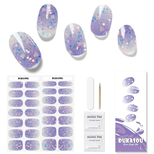 DUKASOU Semi Cured Gel Nail Strips, 28pcs Gradient Love Gel Nail Strips Work with Any UV Light, Gel Nail Stickers Full Nail Wraps for Women Girls Kids DIY Gift, Include Prep Pads, Nail File&Wood Stick