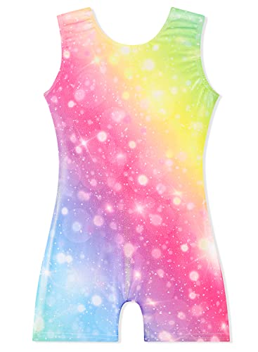 EQSJIU Girls Gymnastics Leotards With Shorts Size 7-8 Rainbow Colorful Multicolored Aqua Blue Pink Blue Gold Purple Sparkly