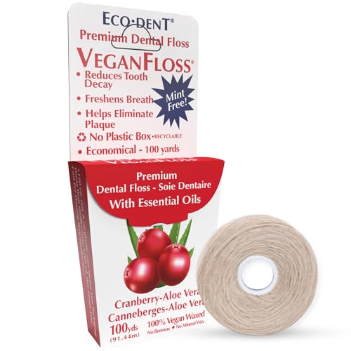 Eco-Dent VeganFloss Dental Floss, Waxed, Cranberry-Aloe - Floss with Vegan Plant-Based Wax, Recyclable Cardboard Packaging, 100 Yds + DailyRinse Single-Use Pack