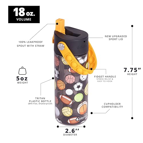 Elemental Leak Proof Water Bottles for Kids - Splash Kids Water Bottle for School with Fun Fidget Pop-it Handle - BPA Free Tritan Plastic Reusable Water Bottle with Straw - Sports Ball - 18oz