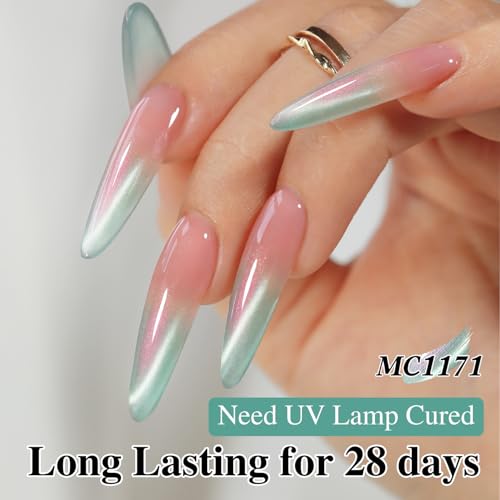Double Rhythm 15ML Glass Cat Eye Gel Polish with Magnet Same Color Same Bottle Holographic Glitter Shimmer Salon Soak Off Magnetic Nail at Home (Mermaid Green-MC1171)