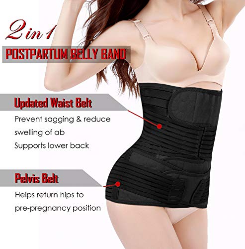 2 in 1 Postpartum Belly Wrap Waist/Pelvis Belt C-Section Natural Birth Back Support Girdle Postpartum Recovery Belt (Black-3 straps, One Size)