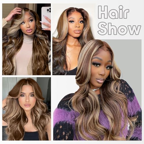 Enaiiby Highlight Honey Blonde Wig Human Hair 180% Density Ombre 13x6 HD Lace Front Wigs Human Hair Body Wave Pre Plucked with Baby Hair 20 Inch P4/27 Lace Front Wig Human Hair for Black Women