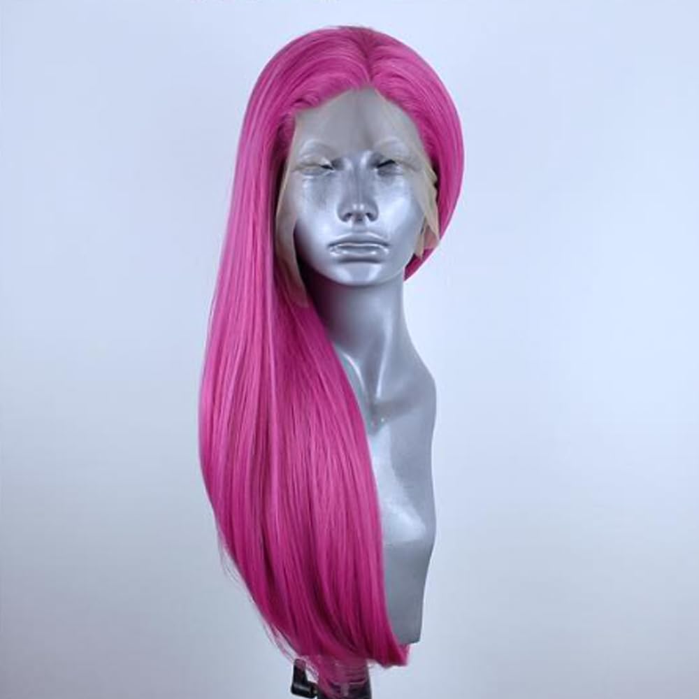 ELESTY Pink Synthetic Lace Front Wig Long Straight Pre Plucked Natural Hairline Synthetic Hair Wig Hot Pink Glueless Heat Resistant Fiber Hair Wig for Fashion Women