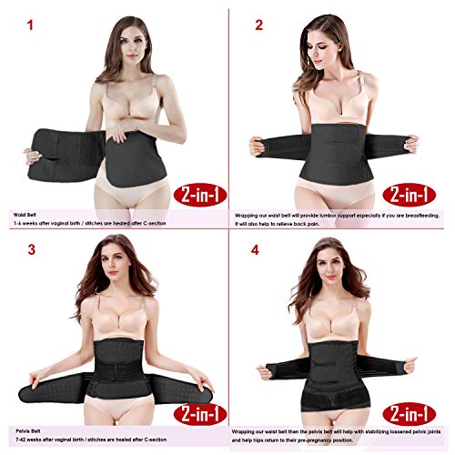 2 in 1 Postpartum Belly Wrap Waist/Pelvis Belt C-Section Natural Birth Back Support Girdle Postpartum Recovery Belt (Black-3 straps, One Size)