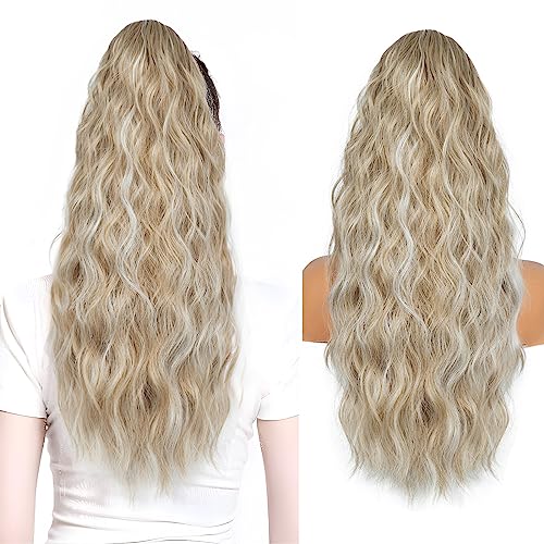 26 inch Blonde Ponytail Extension, Drawstring Ponytail Extension for Women, Long Wavy Pony Tails Hair Extensions, Synthetic Hair Extensions Ponytail for Daily Use (Dirty Blonde Mixed Beige Blonde)