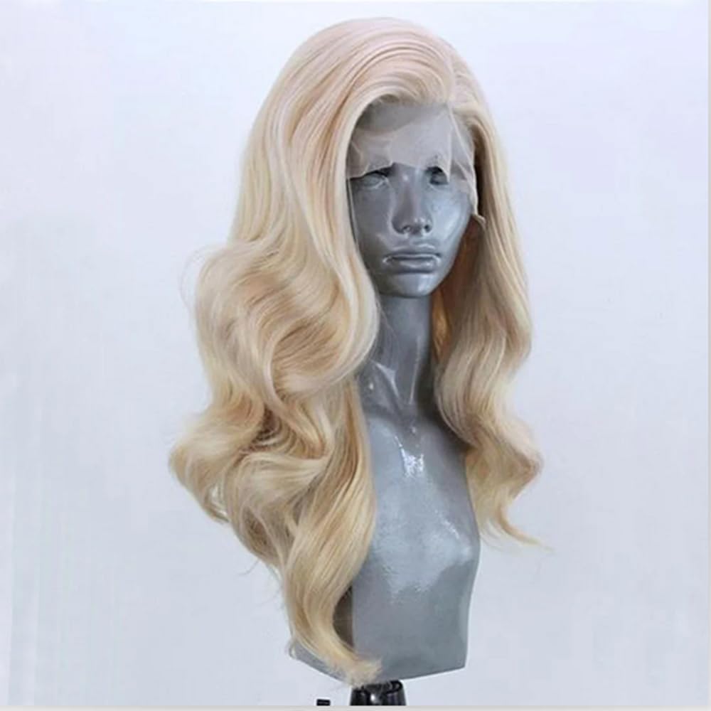 ELESTY Long Wavy Blonde Hair Synthetic Lace Front Wigs for Women Natural Hairline Heat Resistant Fiber Hair Free Part Glueless Lace Front Wigs Daily Party Lace Wigs 24Inch