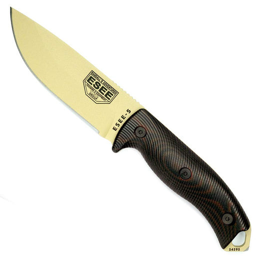 ESEE-5 1095 Carbon Steel, Black Kydex Sheath (Desert Tan Blade, Blood/Black G10 3D Handle)
