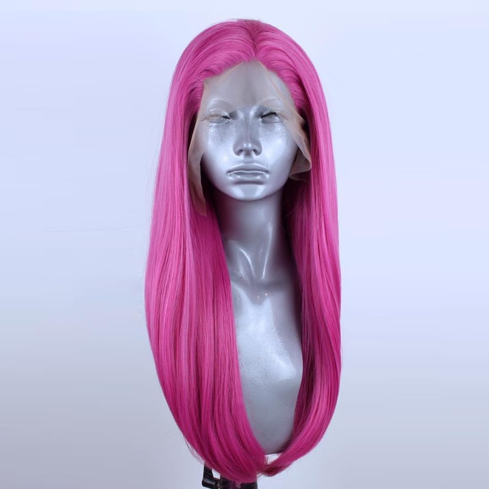 ELESTY Pink Synthetic Lace Front Wig Long Straight Pre Plucked Natural Hairline Synthetic Hair Wig Hot Pink Glueless Heat Resistant Fiber Hair Wig for Fashion Women