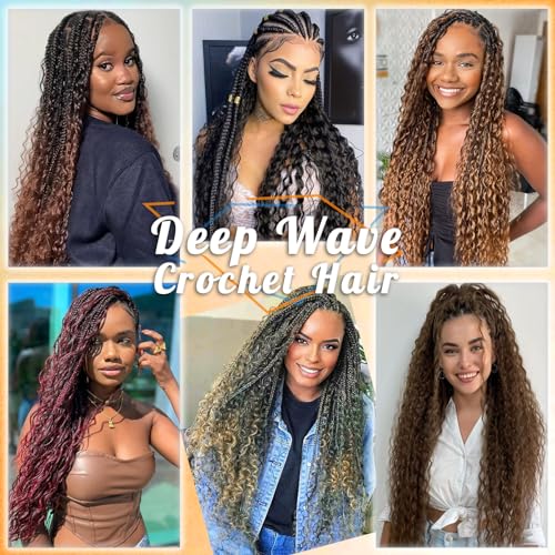 Eerya Long Curly Braiding Hair 18 Inch 4 Packs Deep Ocean Wave Crochet Hair for Black Women Deep Wave Braiding Hair for Boho Braids（18 inch, TBUG）