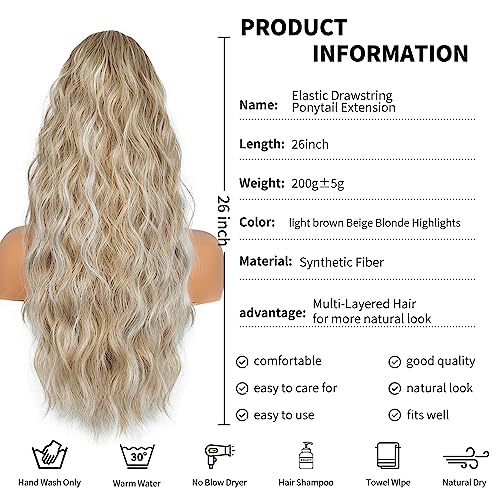 26 inch Blonde Ponytail Extension, Drawstring Ponytail Extension for Women, Long Wavy Pony Tails Hair Extensions, Synthetic Hair Extensions Ponytail for Daily Use (Dirty Blonde Mixed Beige Blonde)