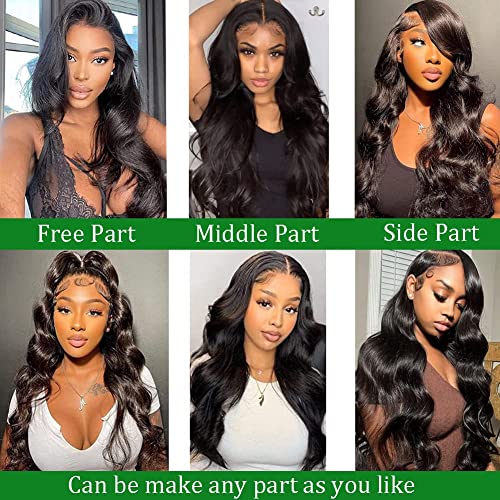 Douyin Body Wave Lace Front Wigs Human Hair Pre Plucked 13x4 Transparent Lace Front Wig For Women Human Hair Wig Glueless Frontal Wigs Natural Black Color (34 inch)