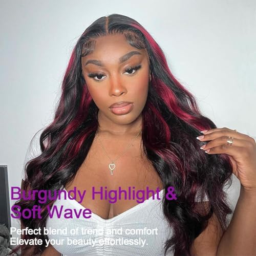 250% Density Burgundy Lace Front Wigs Human Hair Pre Plucked 13X6 Rose Red Highlight Human Hair Lace Front Wigs for Women HD Transparent Lace Frontal Wig Brazilain Virgin Hair Glueless Body Wave Wig