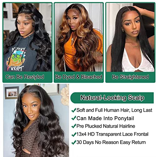 Douyin Body Wave Lace Front Wigs Human Hair Pre Plucked 13x4 Transparent Lace Front Wig For Women Human Hair Wig Glueless Frontal Wigs Natural Black Color (34 inch)