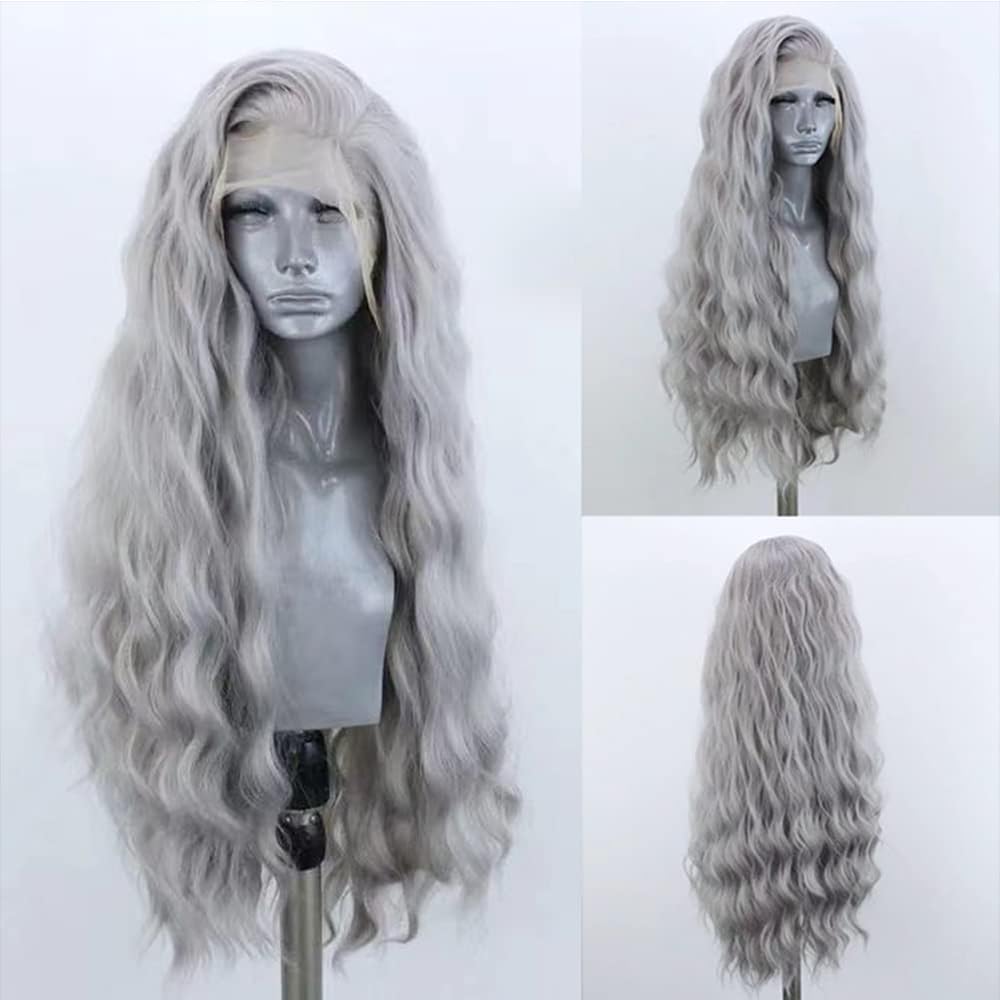 ELESTY Long Wavy Grey Hair Synthetic Lace Front Wig for Women Pree Part Loose Curly Glueless Lace Wig Natural Looking Heat Resistant Fiber Synthetic Lace Wig for Daily Cosplay Use