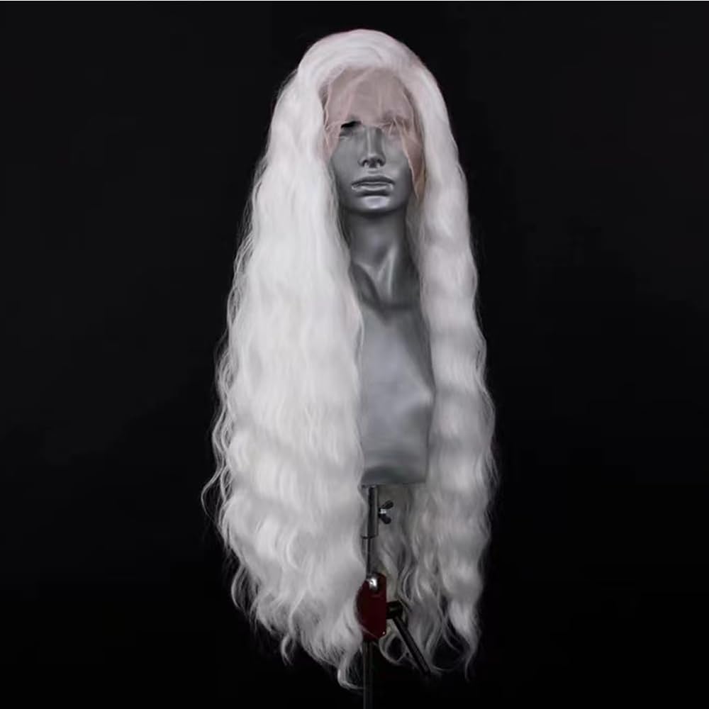 ELESTY Long Wavy White Hair Synthetic Lace Front Wig For Women Heat Resistant Fiber Loose Curly Lace Front Wig Glueless Lace Wigs Pre Plucked Natural Hairline Cosplay Party Wigs 24Inch