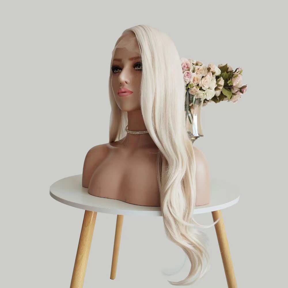 ELESTY 13 * 3.5 Synthetic Lace Front Wigs Long Wavy White Blonde Glueless Wig Side Part Heat Resistant Fiber Hair Daily Elsa Cosplay Wigs Drag Queen