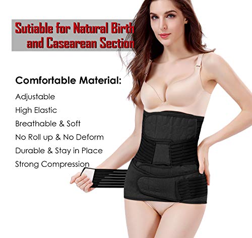 2 in 1 Postpartum Belly Wrap Waist/Pelvis Belt C-Section Natural Birth Back Support Girdle Postpartum Recovery Belt (Black-3 straps, One Size)