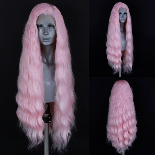 ELESTY Pink Hair Synthetic Lace Front Wigs Long Wavy Heat Resistant Fiber Hair Glueless Lace Wigs Natural Curly Pre Plucked Natural Hairline Cosplay Wigs for Women 24Inch