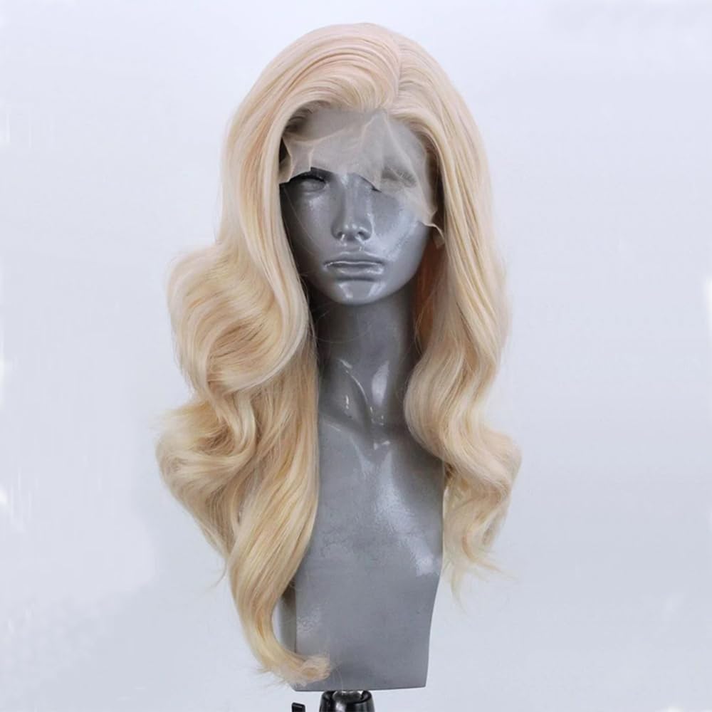 ELESTY Long Wavy Blonde Hair Synthetic Lace Front Wigs for Women Natural Hairline Heat Resistant Fiber Hair Free Part Glueless Lace Front Wigs Daily Party Lace Wigs 24Inch