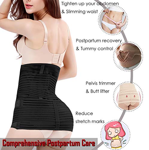 2 in 1 Postpartum Belly Wrap Waist/Pelvis Belt C-Section Natural Birth Back Support Girdle Postpartum Recovery Belt (Black-3 straps, One Size)