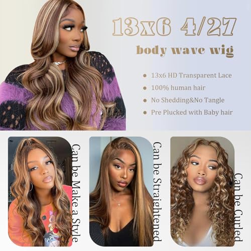 Enaiiby Highlight Honey Blonde Wig Human Hair 180% Density Ombre 13x6 HD Lace Front Wigs Human Hair Body Wave Pre Plucked with Baby Hair 20 Inch P4/27 Lace Front Wig Human Hair for Black Women