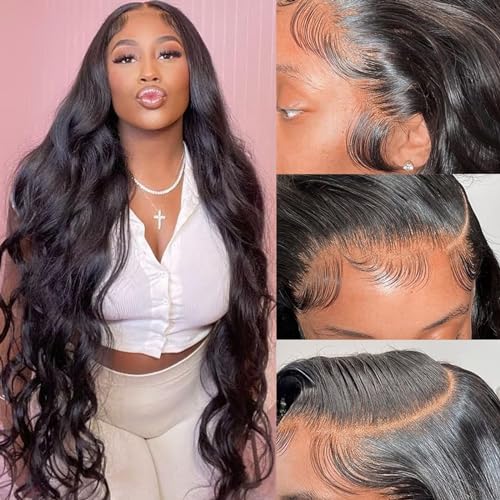 Douyin Body Wave Lace Front Wigs Human Hair Pre Plucked 13x4 Transparent Lace Front Wig For Women Human Hair Wig Glueless Frontal Wigs Natural Black Color (34 inch)