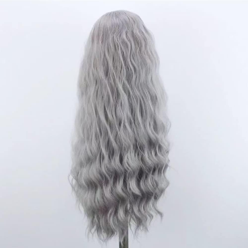 ELESTY Long Wavy Grey Hair Synthetic Lace Front Wig for Women Pree Part Loose Curly Glueless Lace Wig Natural Looking Heat Resistant Fiber Synthetic Lace Wig for Daily Cosplay Use