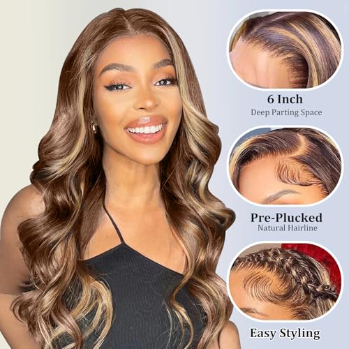 Enaiiby Highlight Honey Blonde Wig Human Hair 180% Density Ombre 13x6 HD Lace Front Wigs Human Hair Body Wave Pre Plucked with Baby Hair 20 Inch P4/27 Lace Front Wig Human Hair for Black Women